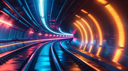 A train is traveling through a tunnel with bright lights, AI