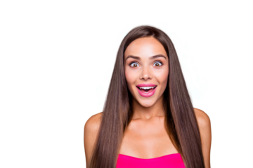 Portrait of young straight-haired brunette cheerful amazed girl wearing pink top, showing facial wow expression. Copy space. Isolated over bright vivid turquoise background