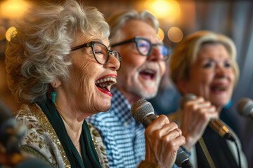 Senior friend group singing karaoke. Fun retirement birthday activity