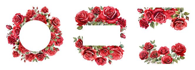 Watercolor red flowers - border, wreath, frame. Isolated cutout on transparent background.