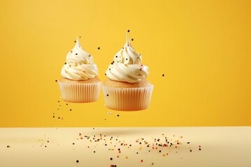 Beautiful levitating cupcakes with cream and sprinkles isolated on yellow background 
