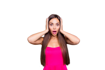 People person reaction concept. Close up photo portrait of impressed with big eyes long brown hair clothed in stylish modern apparel lady covering ears with hands isolated bright vivid background