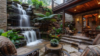 Serene Waterfall Oasis in Luxurious Patio Garden.