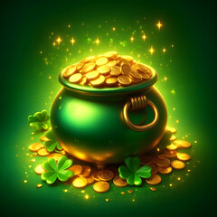 Pot of gold, St. Patrick’s Day , isolated on a  green background, Celebrating Patrick's day, Shamrock Pot of Gold
