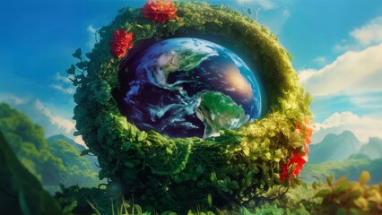 Obraz na płótnie Canvas 3D of a green landscape Earth backdrop against a blue sky with flowers, vitality, and energy. Generative AI