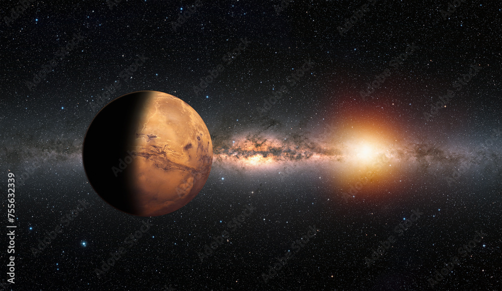 Poster View of Mars from outer space with millions of stars around it Milky Way galaxy in the background 