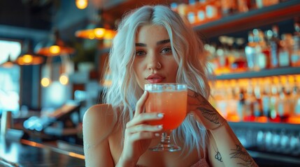 A woman with white hair holding a drink in her hand, AI