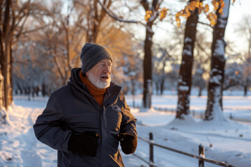 senior man looking away while running at park during winter