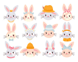 Cute Easter bunny faces, pretty male and female childish rabbits mascot set vector illustration - obrazy, fototapety, plakaty