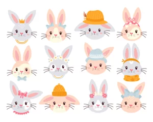 Foto op Aluminium Cute Easter bunny faces, pretty male and female childish rabbits mascot set vector illustration © Mykola Syvak