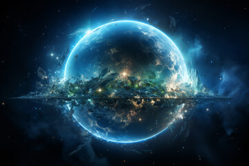 Futuristic sci-fi style cosmic objects surrounded by debris