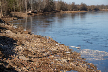 Saka river near Jekabpils town in Latvia. River in spring after floods