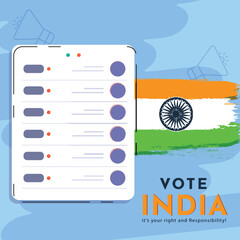 Awareness Poster Design with Given Message Vote India, It's Your Right and Responsibility, Brush Stroke Indian Flag and Voting Machine on Blue Background.
