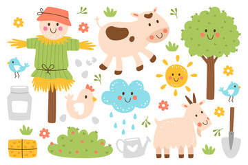 Cute farm animal and birds, scarecrow and countryside nature element collection vector illustration