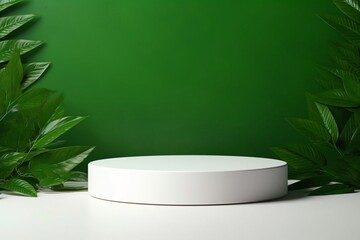 White round empty podium on a green background with green leaves around with space for product, top view 