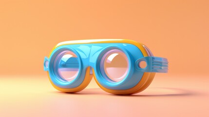 A pair of goggles with blue and yellow lenses sitting on a table, AI