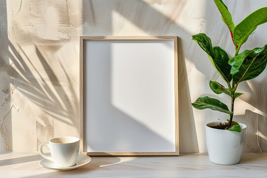 a picture frame and a cup of coffee on a table