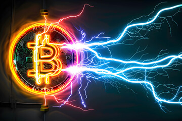 Fototapeta premium Bitcoin cryptocurrency on lightning background. Cryptocurrency concept. Vector illustration,Illuminated Bitcoin Amidst Electric Storm