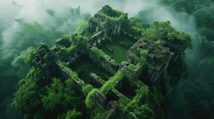 Illustration of ancient ruins emerging from a lush jungle, shrouded in mist, seen from above. - obrazy, fototapety, plakaty