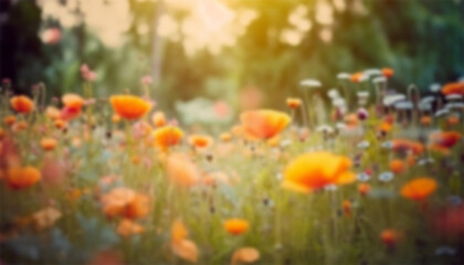 Blurred Poppy field at sunset in the spring. Red poppies in sunset light. Summer nature concept. Concept: nature, spring, biology, fauna, environment, ecosystem. Red beauty landscape
