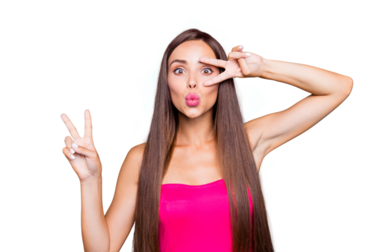 Hey hi hello! Close up studio photo portrait of sweet lovely winsome fascinating lady giving v-sign staring looking at camera isolated on bright vivid pastel shinny background