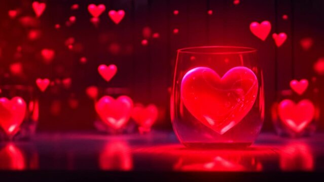 Stylish 3D illustration with red hearts, glitter, glass and sexy romantic elements on a dark background for Valentine's Day.
