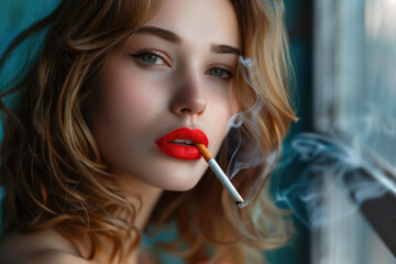 Sensual attractive young asian woman smoking a cigarette