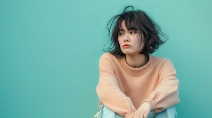 A Girl Suffering Fresh Breakup Sitting On A Color Background - obrazy, fototapety, plakaty