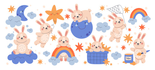 Fototapeta premium Cute bunnies with clouds, rainbows, moon and stars design for baby shower vector illustration