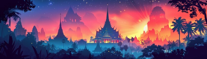 Fairytale illustrations of Thai temples in anime style silhouetted against strobe lighting - obrazy, fototapety, plakaty
