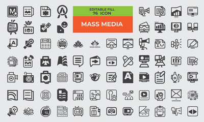 Set of 76 fill editable icons related to ESG Mass media. Television radio newspaper magazine. Internet digital social media video. News printed editions glossy magazines. Video and audio information