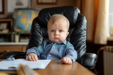 Serious business baby boy boss in the office looking at the camera