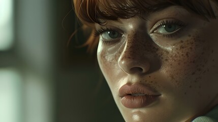 Portrait of a young woman with freckles, reflective mood. cinematic style close-up. ideal for contemporary projects. AI