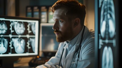 Focused medical professional analyzing x-ray images in a dark room. healthcare and diagnostic concept in clinical setting. insightful imagery for medical use. AI