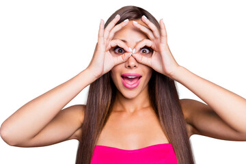 Obraz premium Omg people person open mouth concept. Close up photo portrait of joking cute sweet glad nice with long brown hairstyle plump lips isolated on bright blue vivid shinny background