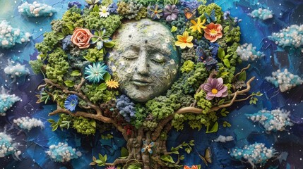 A mystical three-dimensional sculpture of Earth Mother's face emerges from a cosmic backdrop, adorned with a diverse array of vibrant flora.