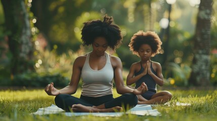 A mother and her child find tranquility in meditation, practicing yoga together in the serene embrace of nature's outdoor setting. - obrazy, fototapety, plakaty
