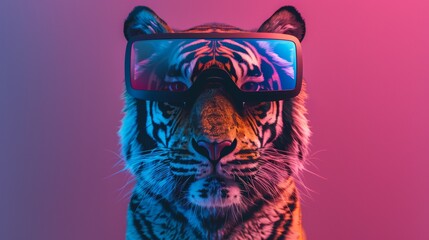 A tiger wearing sunglasses with a colorful background, AI