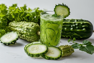 Herbal juice with bitter melon or bitter gourd on rustic wooden background. Healthy Herbal Drink