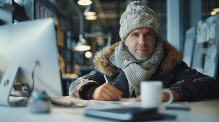 Obraz premium Man in winter hat and jacket working in a office.