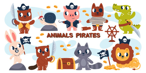 Cute animals pirates cartoon childish characters in traditional costume enjoying amazing adventures