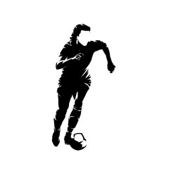 Female football player running with ball, woman playing soccer, isolated vector silhouette, front view