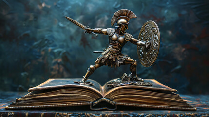 
livro dobrado aberto de guerreiro espartano  com espada erguida - obrazy, fototapety, plakaty