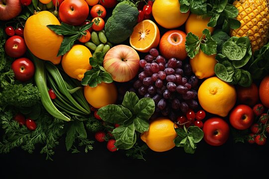 Healthy Food background with assortment of fresh different fruits and organic vegetables harvest concept