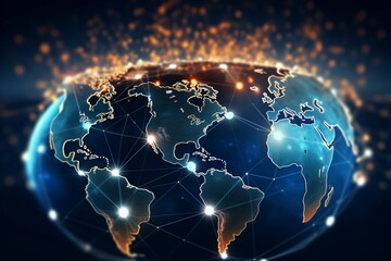 Global network communication with international connections for business around 3d world map, financial exchange, Internet of Things (IoT), blockchain technology, worldwide forex, abstract concept