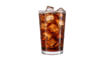 Glass of soda with cube of ice cut out. Isolated glass of whiskey on transparent background