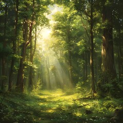 Fototapeta na wymiar Forest Background: Towering trees, dappled sunlight, and lush foliage create a serene woodland setting