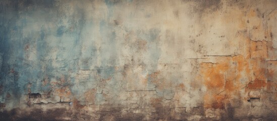 A painting depicting an old wall background in shades of blue and yellow, showing signs of fading color. The wall stands prominently in the composition, capturing the attention with its unique color