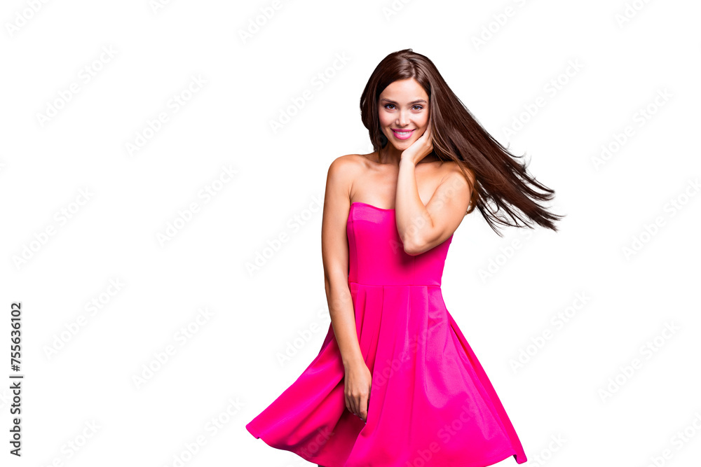 Poster young gorgeous nice cute attractive perfect smiling lovely glam girl wearing bright fuchsia mini sho