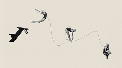 Poster. Contemporary art collage. Monochrome divers in various poses connected by black line, beside disjointed diving board. Concept of sport, competition, victory, championship, strength and power.
